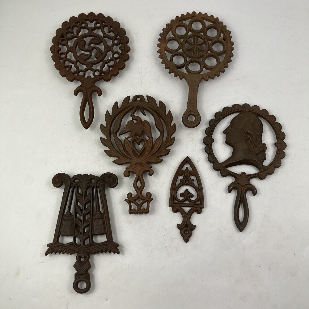 Vintage Cast Iron Trivets Lot of 6 Set Antique Rustic Farmhouse Wall Decor